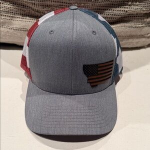 Patriotic Flag Gray Trucker Hat with Stars and Stripe Design and Montana patch